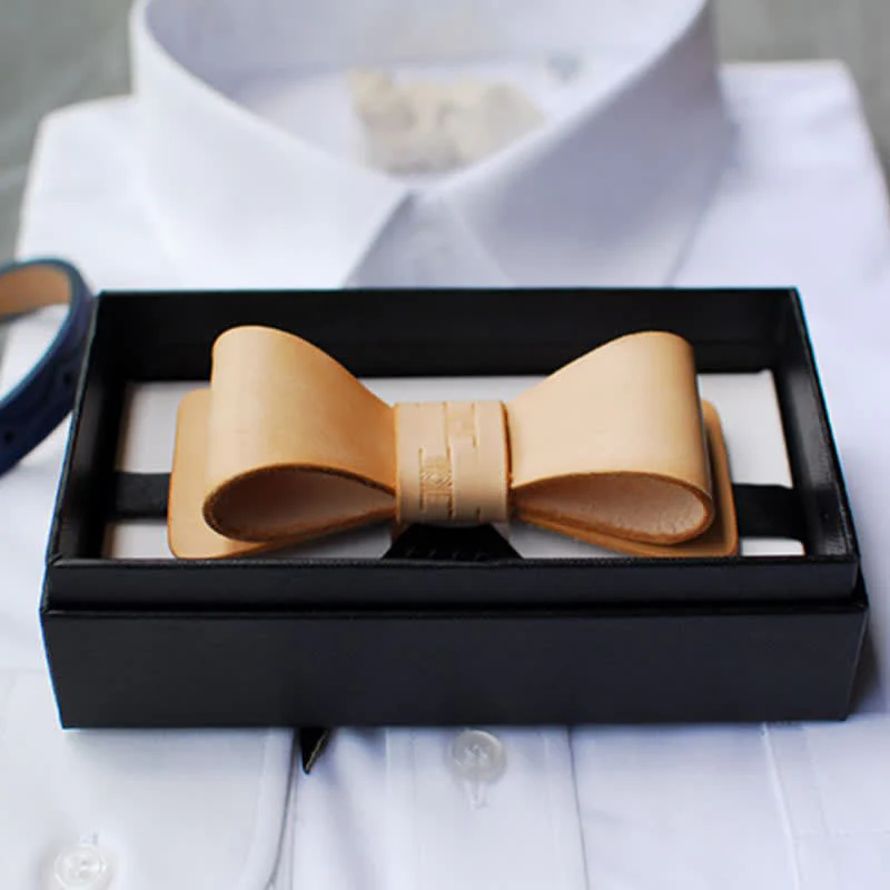 Men's Light Brown Handmade Leather Bow Tie - Image 4