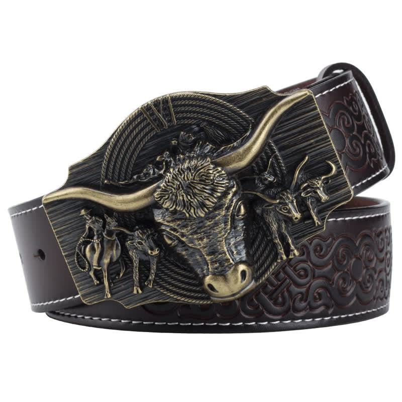 Men's Longhorn Bull Embossed Leather Belt - Image 12
