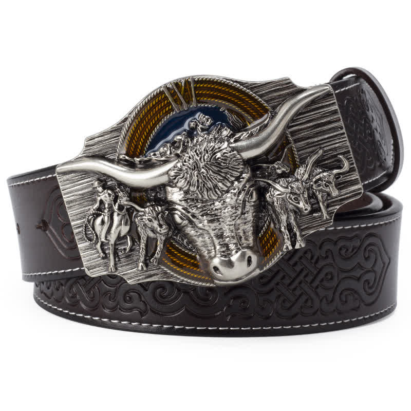 Men's Longhorn Bull Embossed Leather Belt - Image 8
