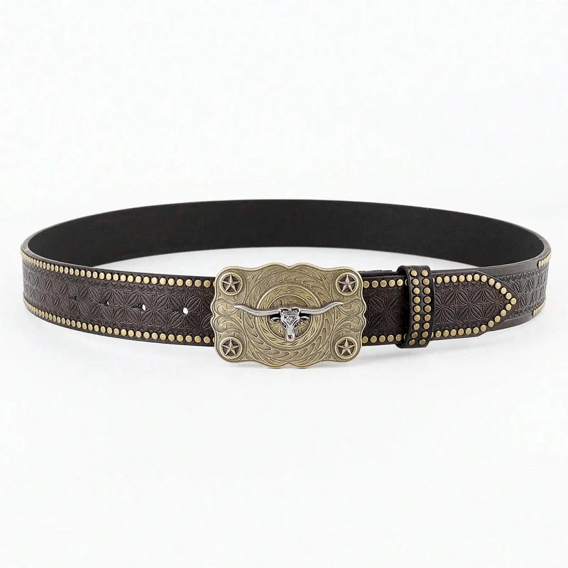 Men's Longhorn Bull Head Studded Decor Leather Belt - Image 3