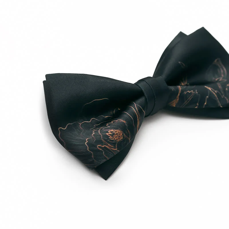 Men's Lotus Printing Black Double Layered Bow Tie - Image 5