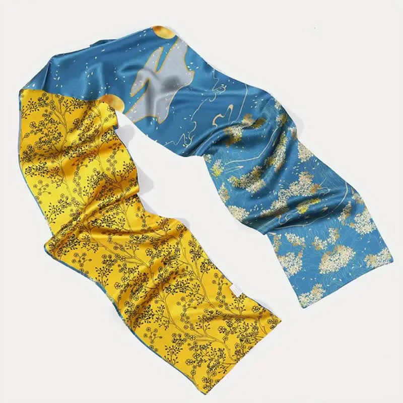 Men's Luxurious Vibrant Blue & Yellow Floral Thin Long Silk Scarf - Image 6