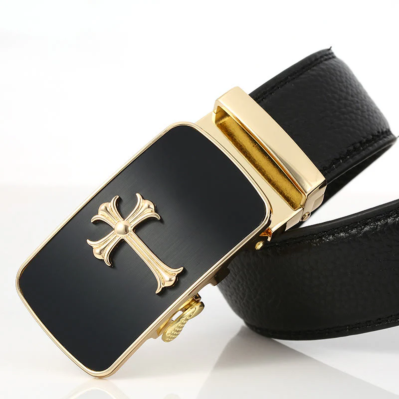 Men's Luxury Golden Cross Automatic Buckle Black Belt