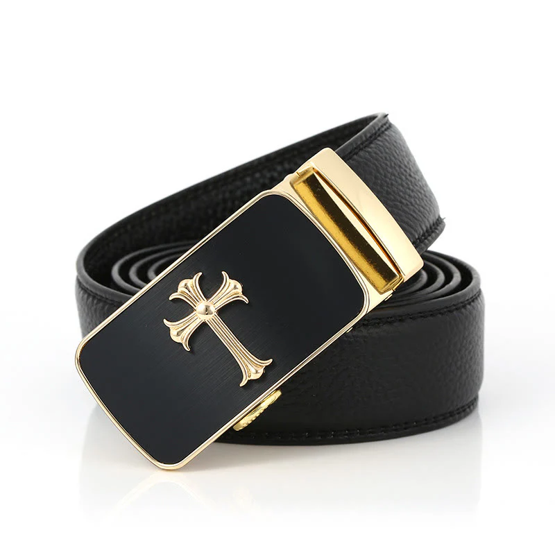 Men's Luxury Golden Cross Automatic Buckle Black Belt - Image 2