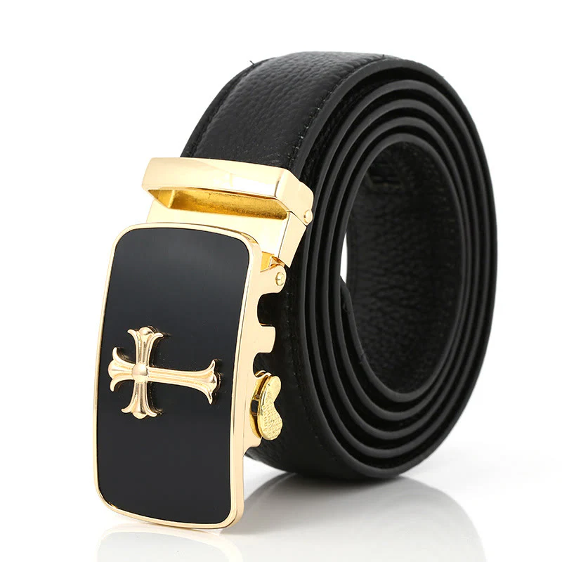 Men's Luxury Golden Cross Automatic Buckle Black Belt - Image 3