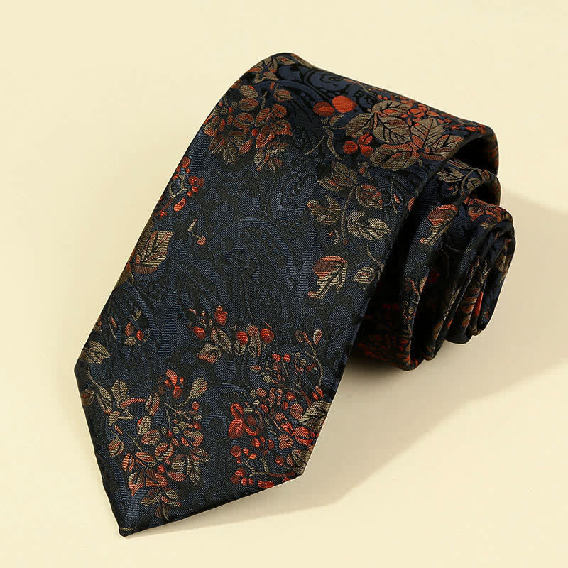 Men's MidnightBlue & Red Floral Embroidery Necktie - Image 2