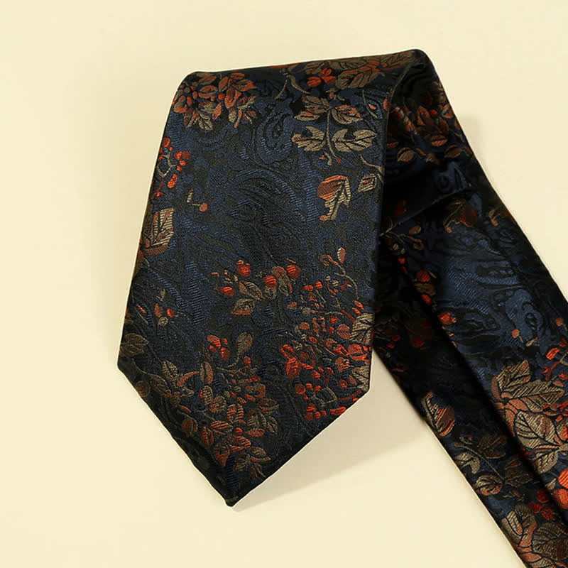 Men's MidnightBlue & Red Floral Embroidery Necktie - Image 4