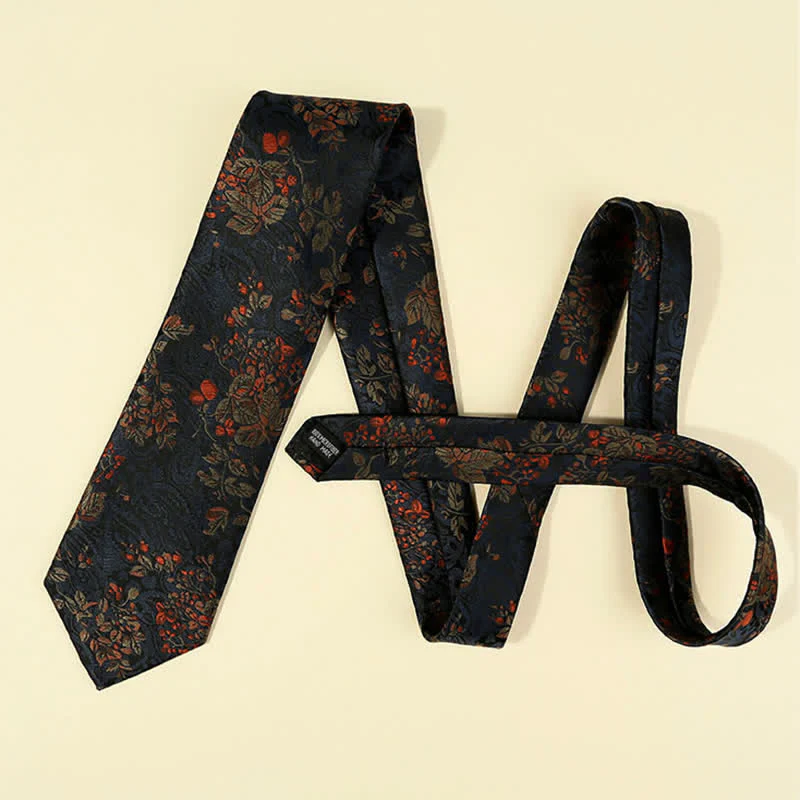 Men's MidnightBlue & Red Floral Embroidery Necktie - Image 6