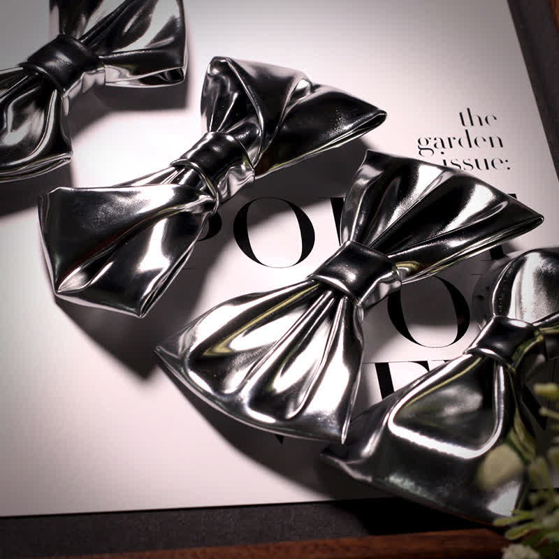 Men's Modern Style Metallic Silver Gray Leather Bow Tie - Image 4