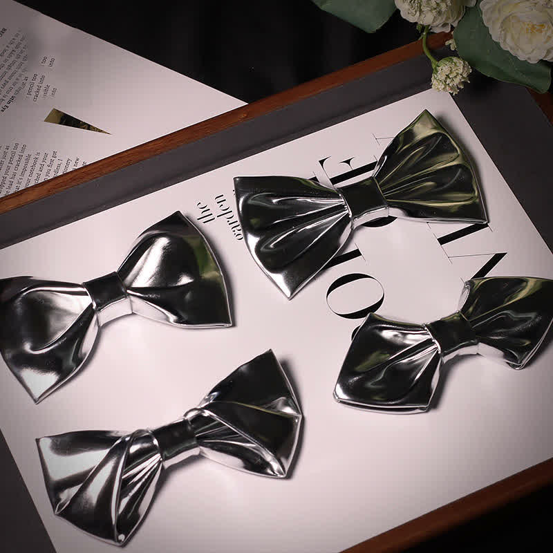 Men's Modern Style Metallic Silver Gray Leather Bow Tie - Image 5