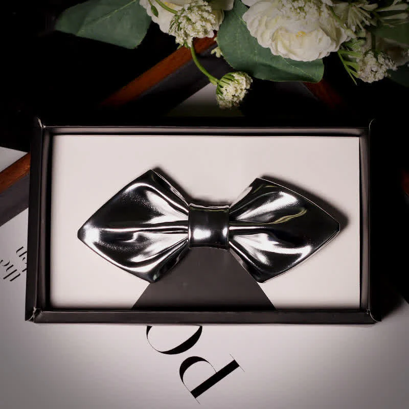 Men's Modern Style Metallic Silver Gray Leather Bow Tie - Image 7