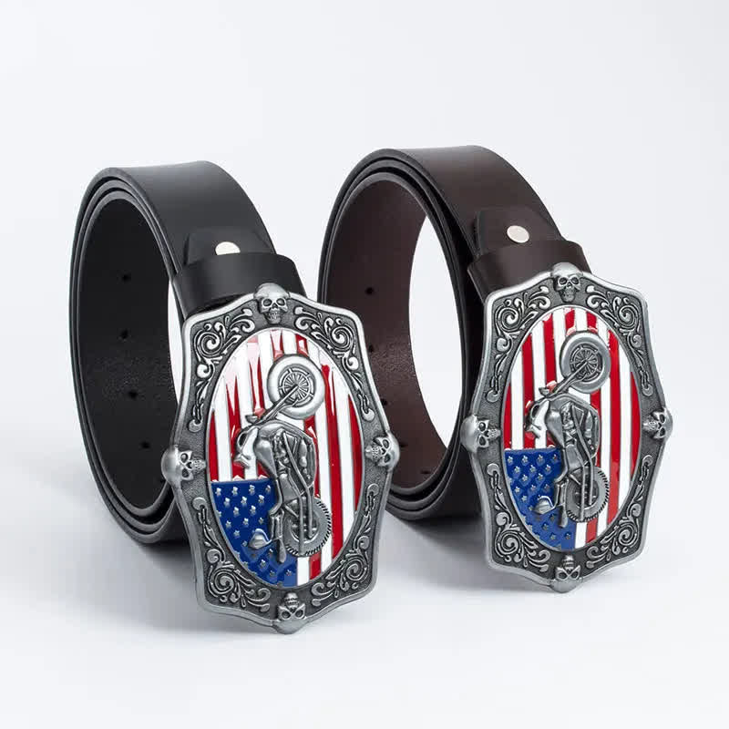 Men's Motorcycle American Flag Skull Leather Belt - Image 11