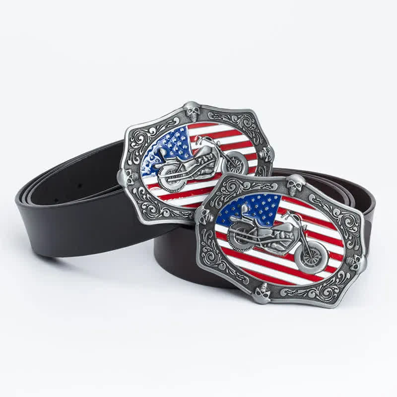 Men's Motorcycle American Flag Skull Leather Belt - Image 2