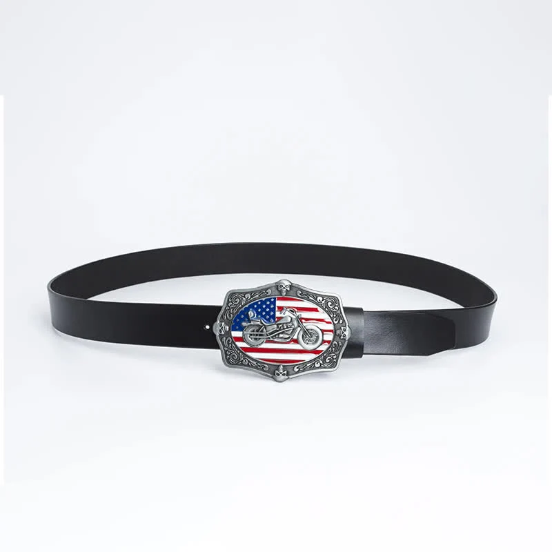 Men's Motorcycle American Flag Skull Leather Belt - Image 4