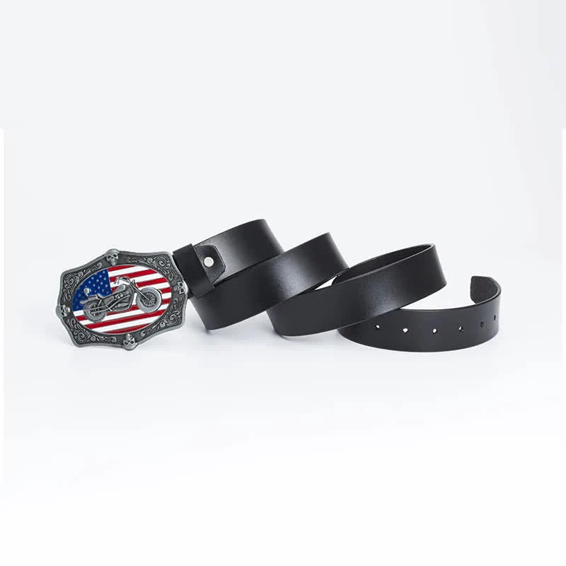 Men's Motorcycle American Flag Skull Leather Belt - Image 5