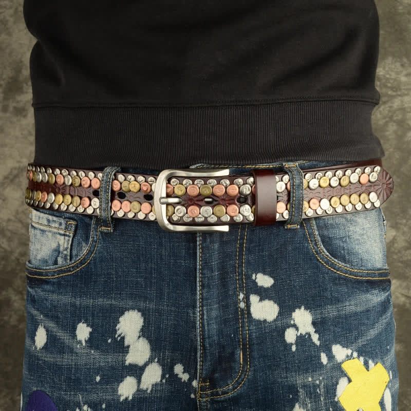 Men's Multicolour Button Rivet Studded Leather Belt - Image 15