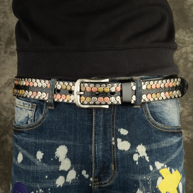 Men's Multicolour Button Rivet Studded Leather Belt - Image 2