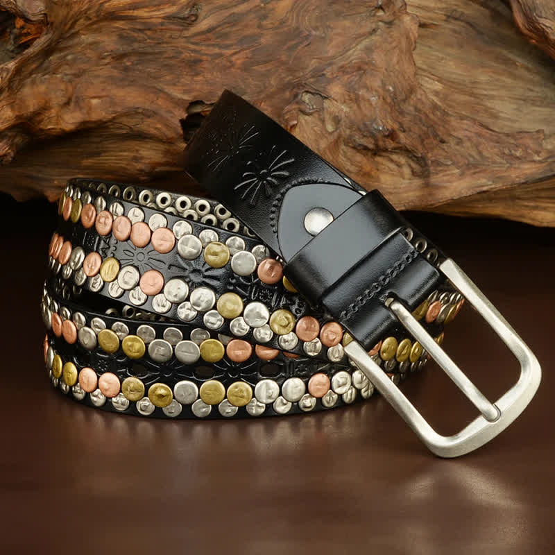 Men's Multicolour Button Rivet Studded Leather Belt - Image 3