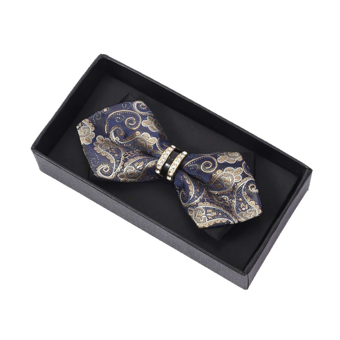 Men's Navy And Gold Paisley Fabric Bow Tie - Image 2