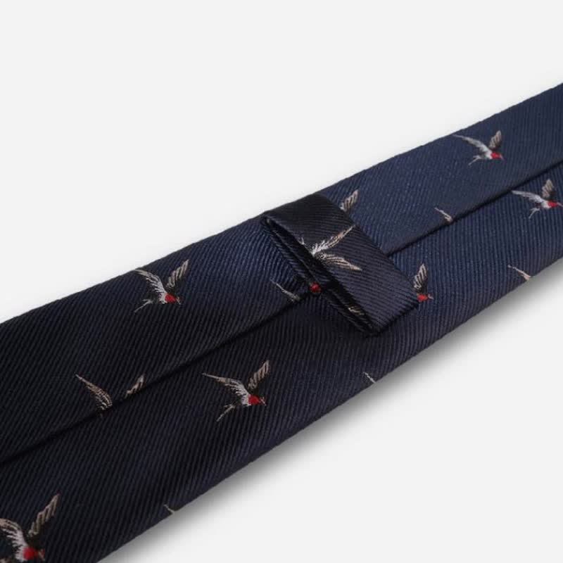 Men's Navy Blue Embroidered Woven Swallow Necktie - Image 4