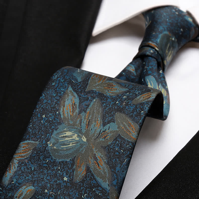 Men's Navy Blue Retro Oil Painting Floral Necktie - Image 2