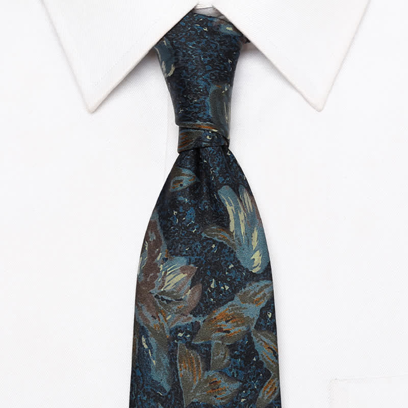 Men's Navy Blue Retro Oil Painting Floral Necktie - Image 3
