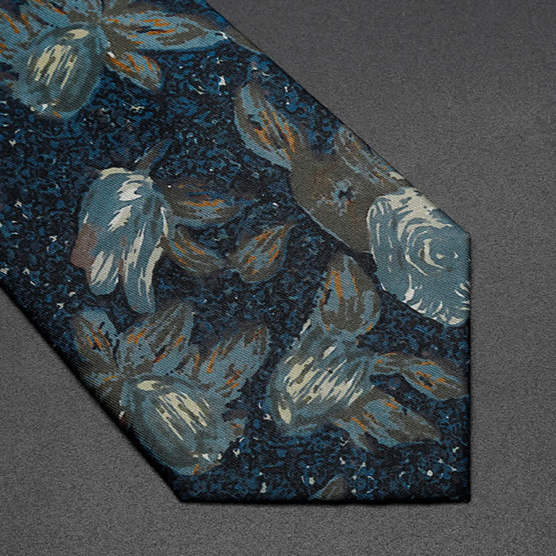 Men's Navy Blue Retro Oil Painting Floral Necktie - Image 4