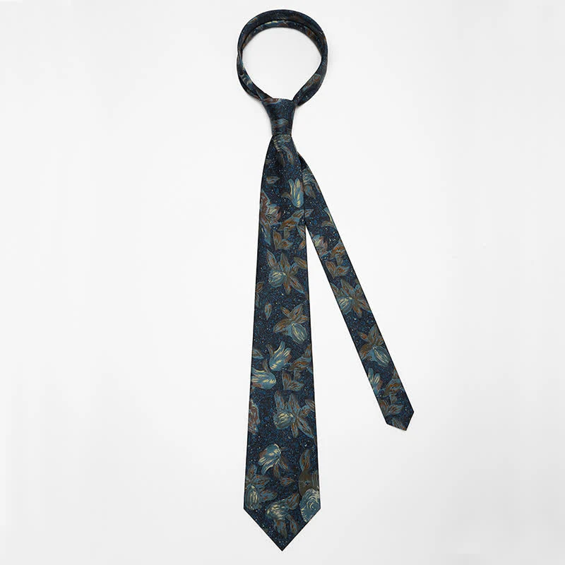 Men's Navy Blue Retro Oil Painting Floral Necktie - Image 5