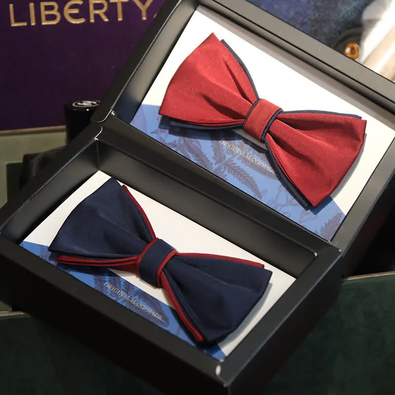 Men's Navy Burgundy Two Tone Double Layered Bow Tie - Image 5