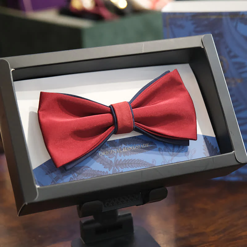 Men's Navy Burgundy Two Tone Double Layered Bow Tie - Image 6