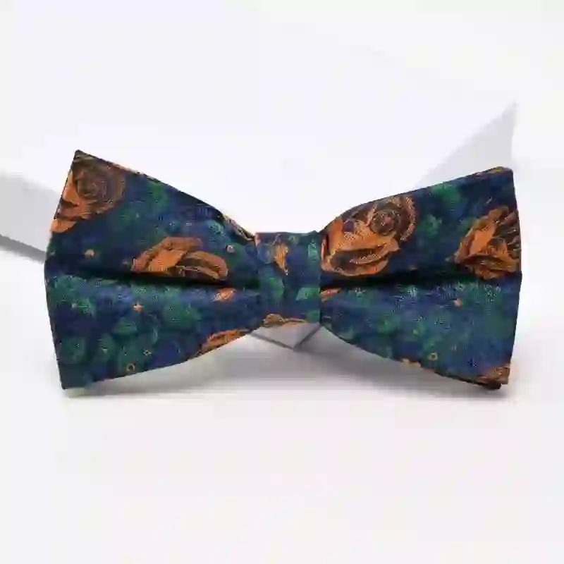 Men's Navy & Orange Rose Floral Printed Bow Tie Necktie - Image 2