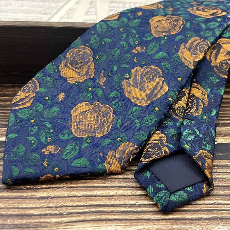 Men's Navy & Orange Rose Floral Printed Bow Tie Necktie - Image 4
