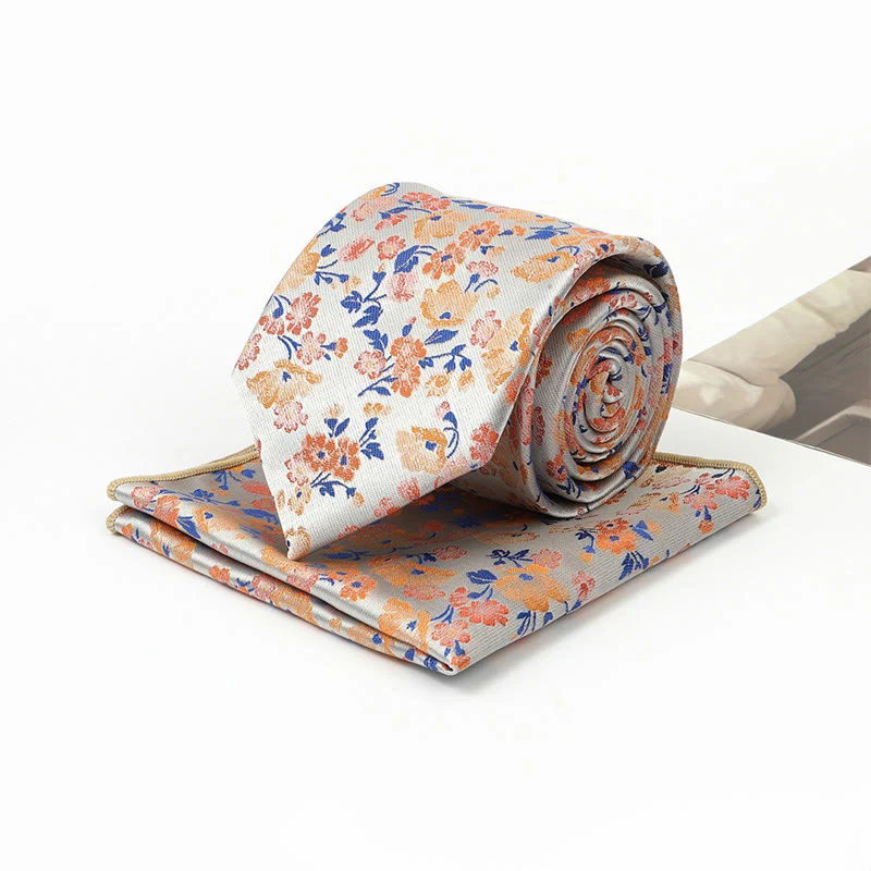 Men's Neutral Floral Jacquard Necktie And Pocket Square Set - Image 4