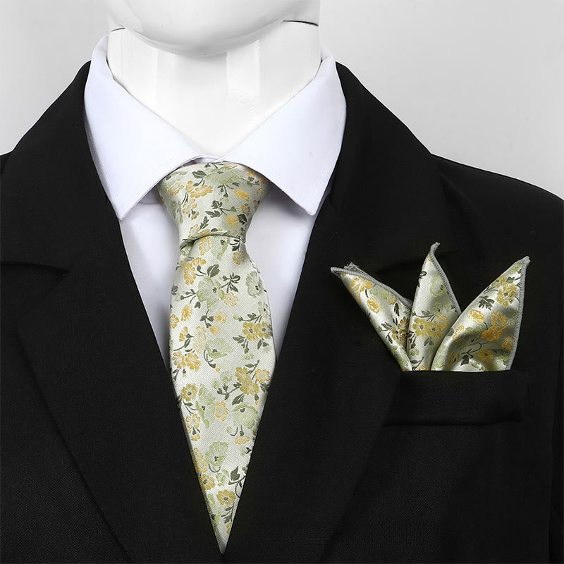 Men's Neutral Floral Jacquard Necktie And Pocket Square Set - Image 7