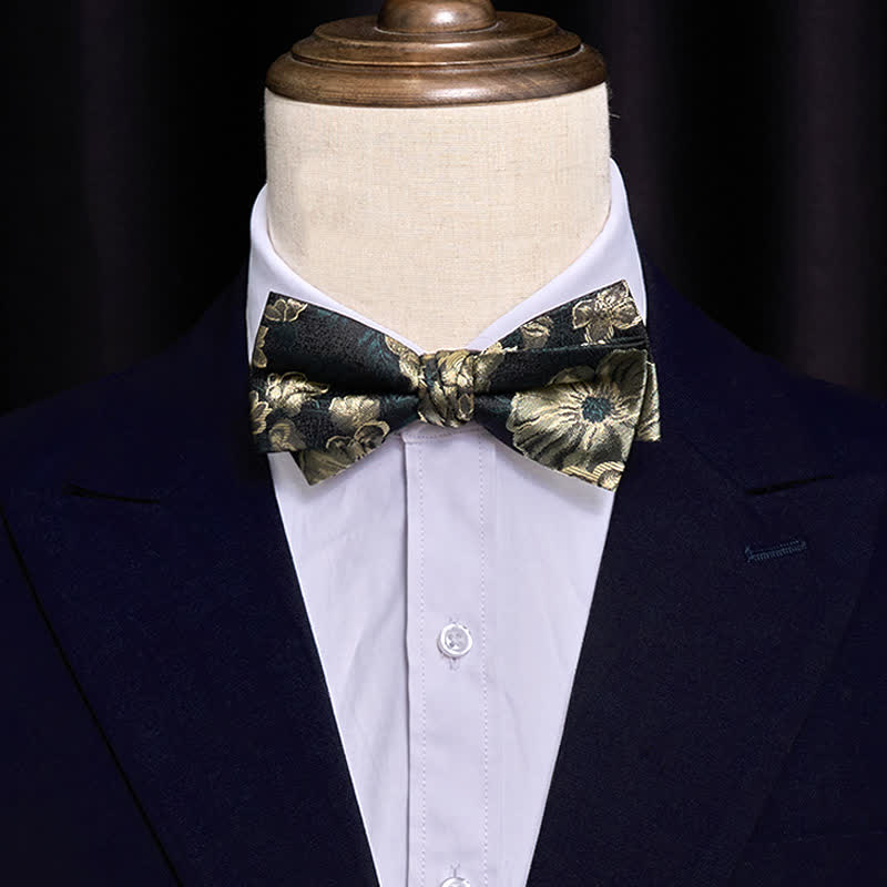 Men's Night Dark Green Floral Double Layered Bow Tie - Image 2