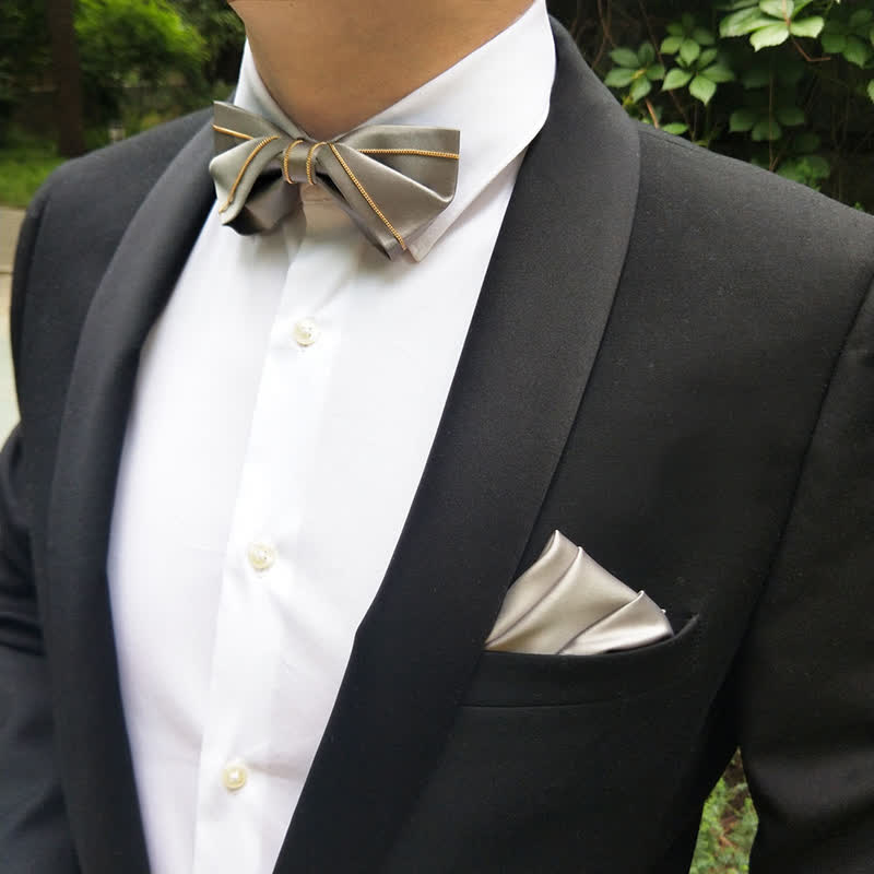 Men's Noble Gray Tone Gold Chain Bow Tie - Image 6