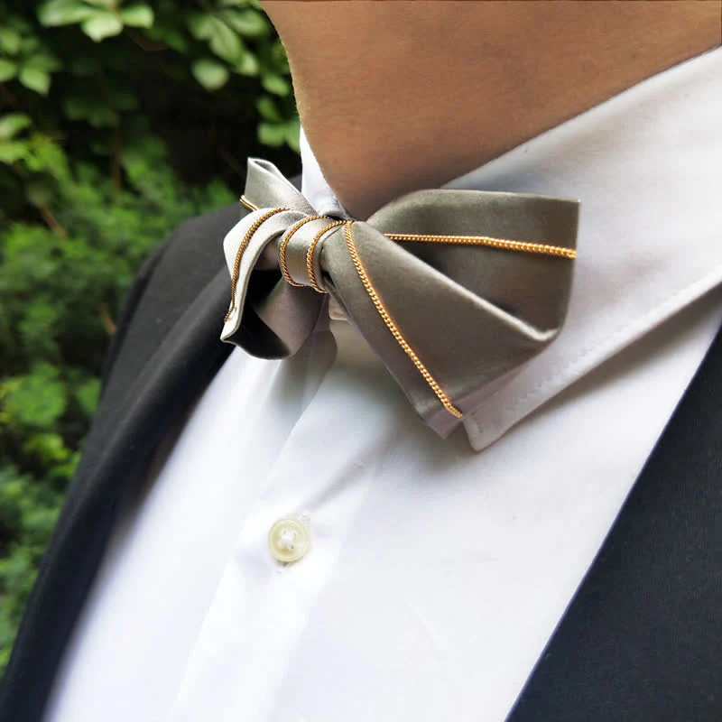 Men's Noble Gray Tone Gold Chain Bow Tie - Image 7