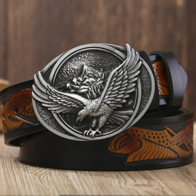 Men's Novelty Flying Eagle Buckle Carved Pattern Leather Belt - Image 8