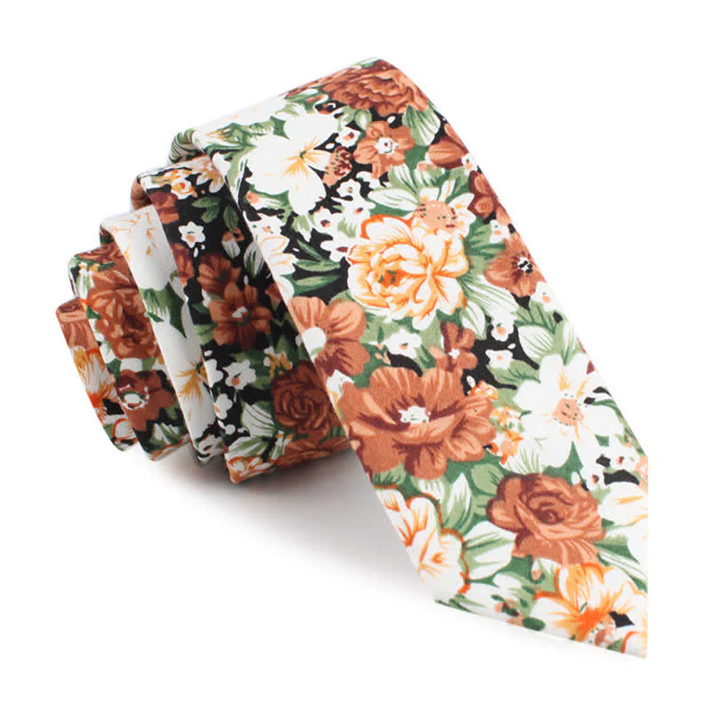 Men's Orange Floral Leaves Pattern Cottern Necktie - Image 4