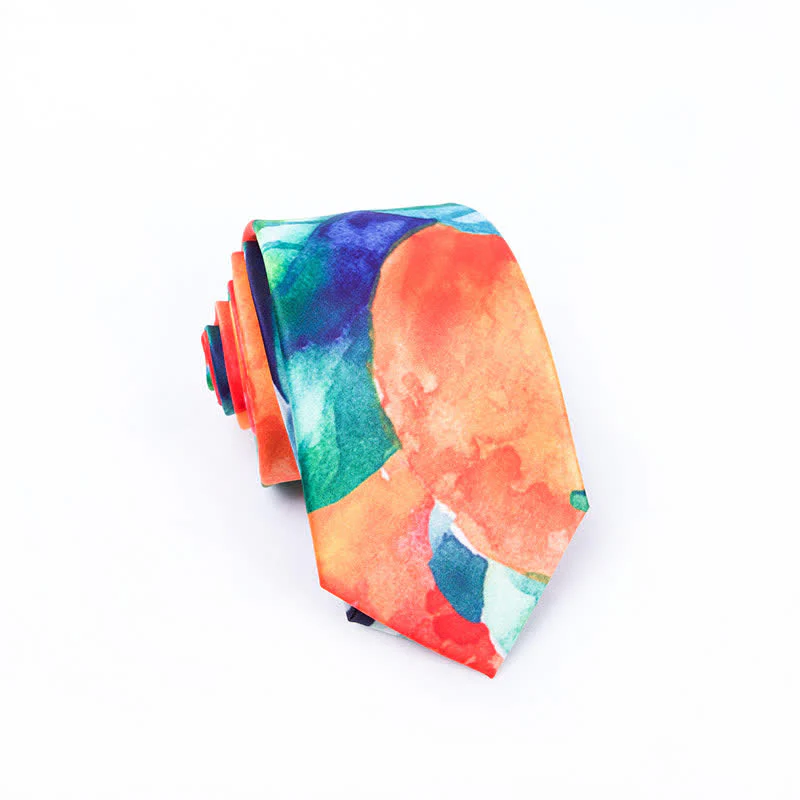 Men's Orange Green Leaves Art Printed Necktie - Image 3