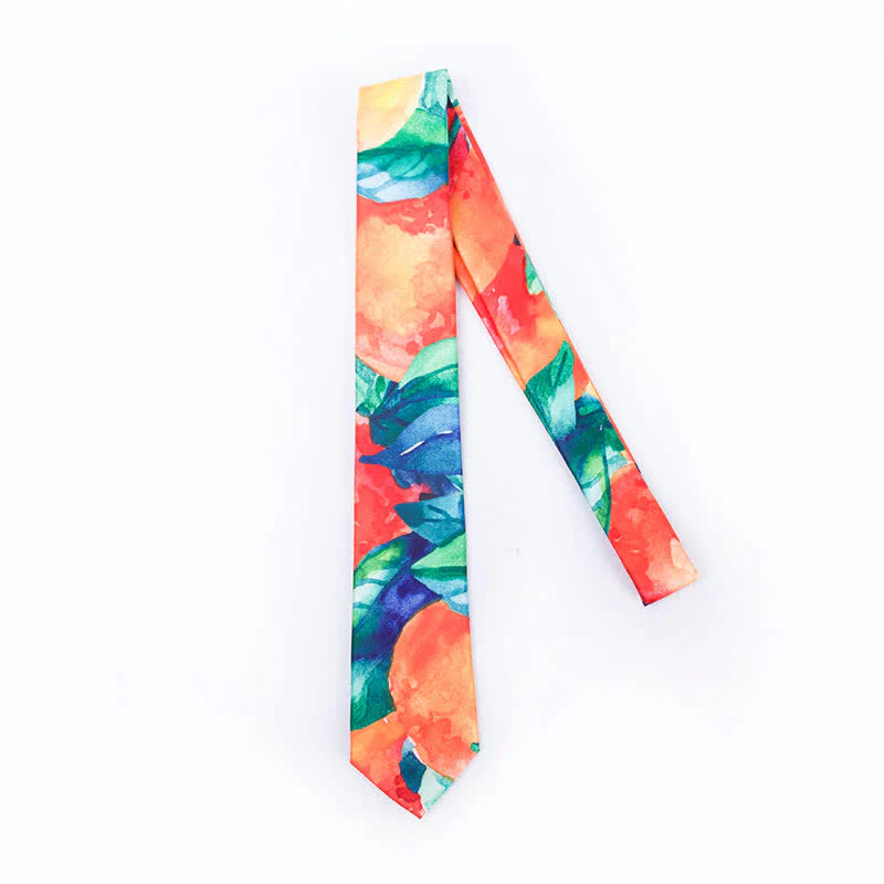 Men's Orange Green Leaves Art Printed Necktie - Image 4