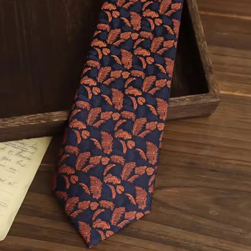 Men's Orange & Navy Feather Prints Necktie - Image 3