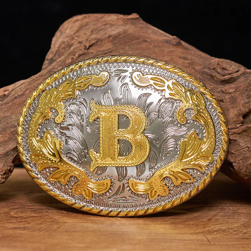 Men's Oval Golden Carved Letter Buckle Leather Belt