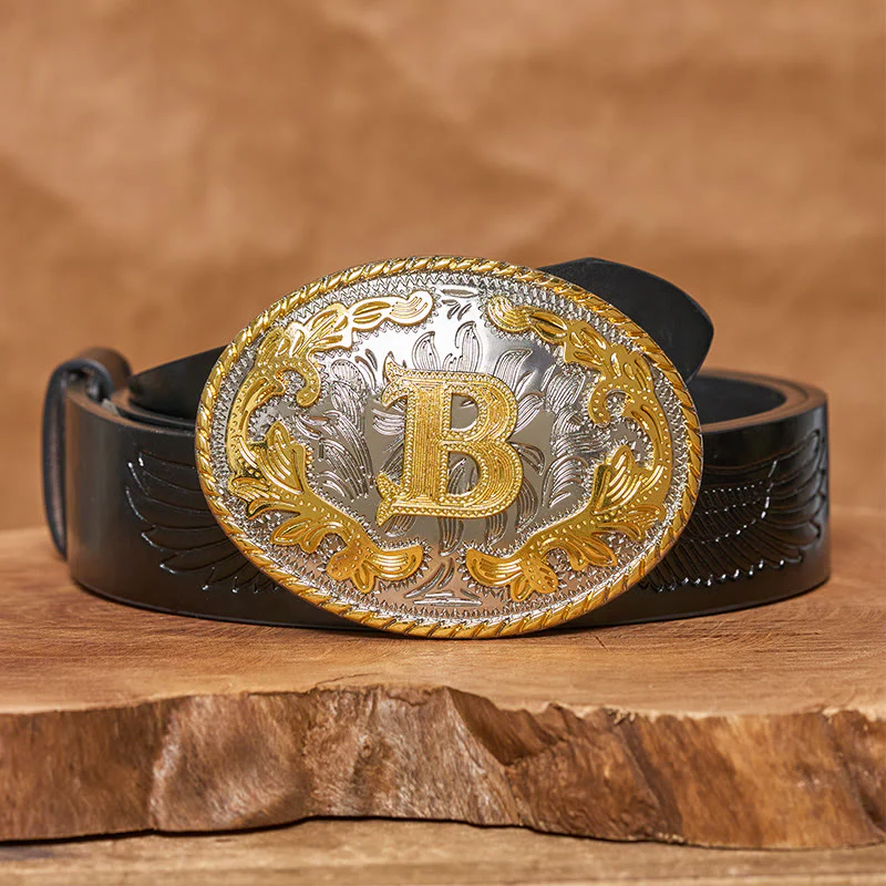 Men's Oval Golden Carved Letter Buckle Leather Belt - Image 5