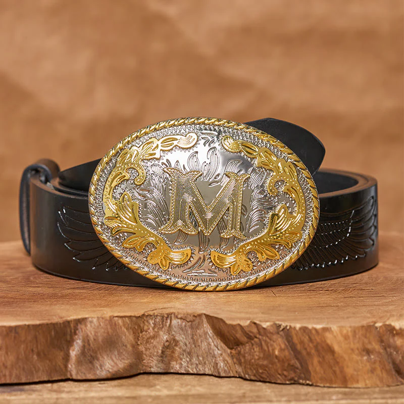 Men's Oval Golden Carved Letter Buckle Leather Belt - Image 6