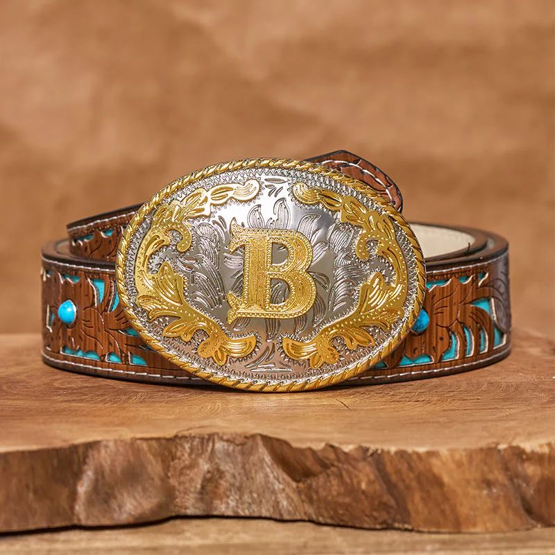 Men's Oval Golden Carved Letter Buckle Leather Belt - Image 7