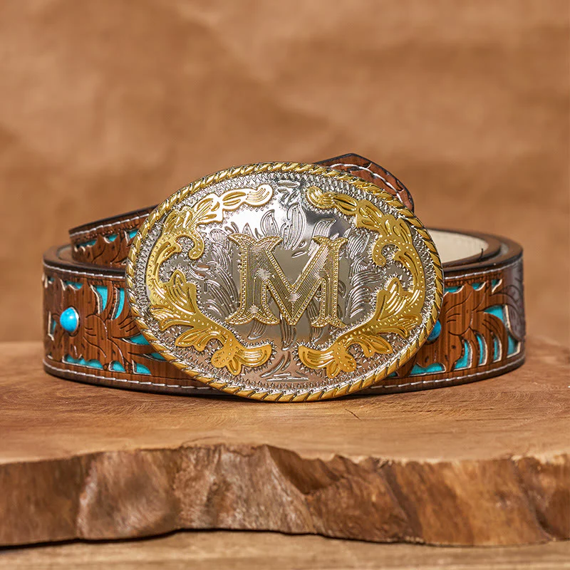 Men's Oval Golden Carved Letter Buckle Leather Belt - Image 8