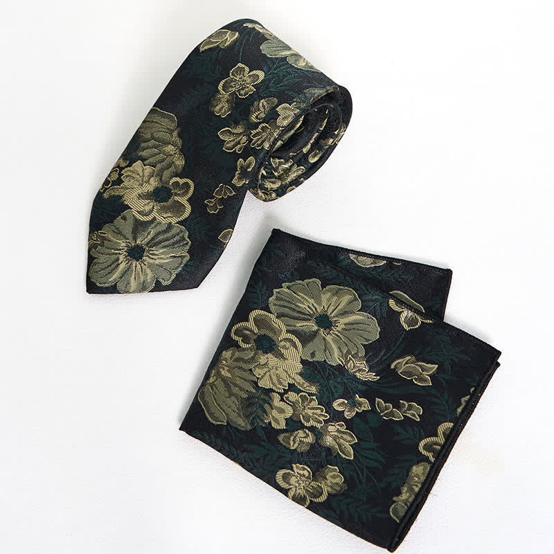 Men's Pine Forest Green Floral Necktie Pocket Square - Image 6