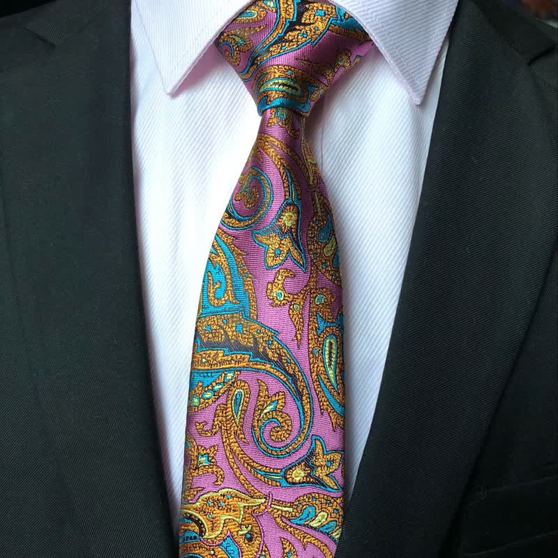 Men's Pink & Gold Flower Vibrant Paisley Necktie - Image 4