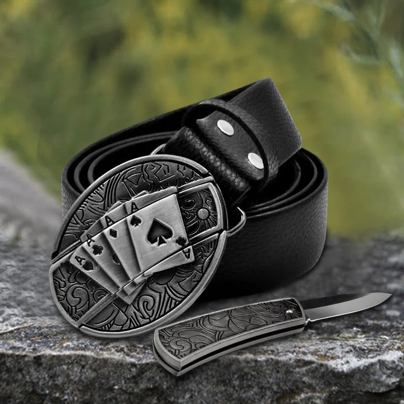 Men's Poker 4 Ace Leather Belt With Folding Knife - Image 5